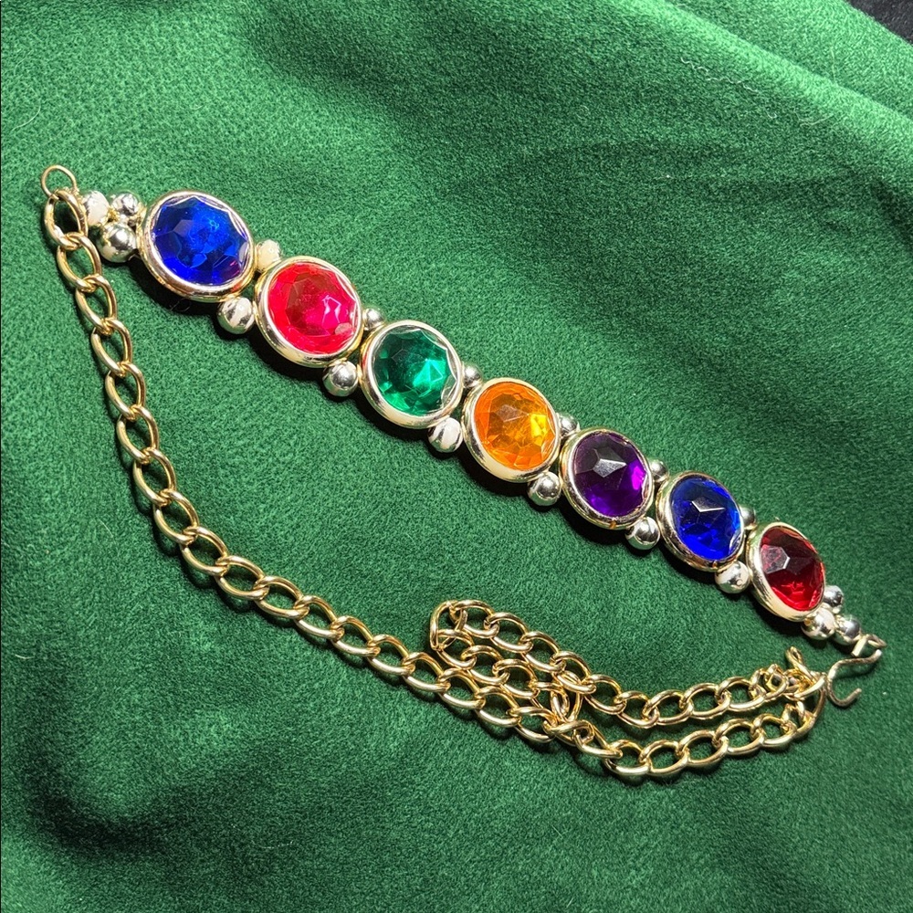 🍄80s Gold Plastic Chain Belt w Jelly Belly Jewel Tone Cabochons